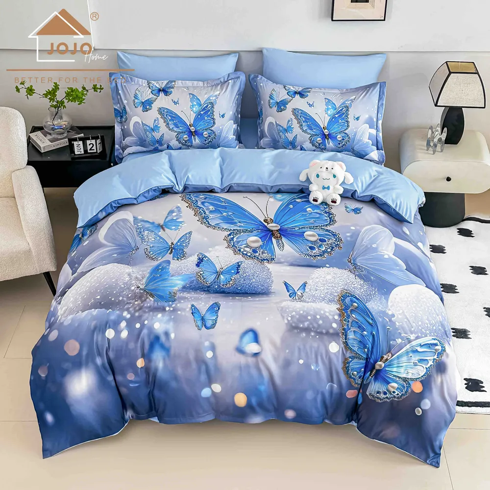 Lenjerie 1 persoană cu elastic, imprimare digitală 5D — Bleu