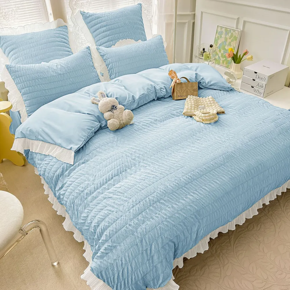 Lenjerie de pat creponată, 6 piese — Bleu
